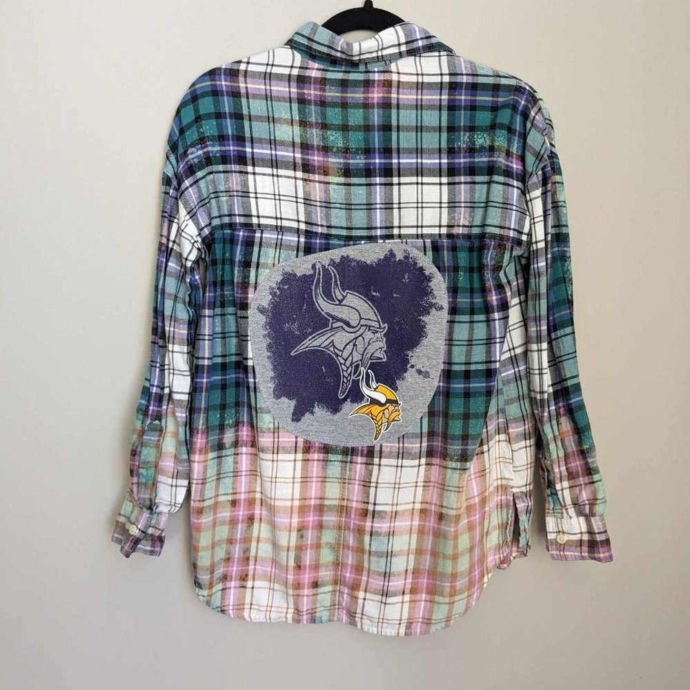 MN Vikings Women's Custom Bleach Flannel Plaid Button Down Shirt Teal Sz XS